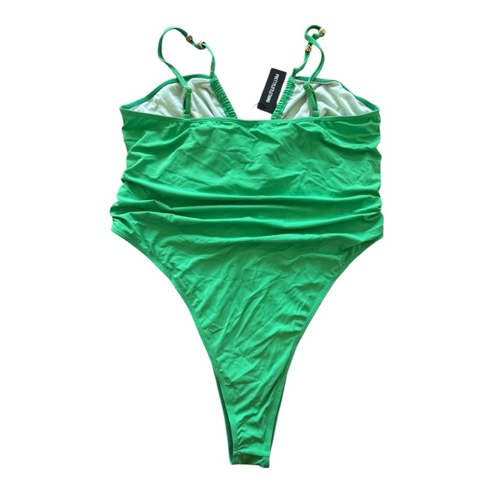 NWT | PrettyLittleThing Plus Green Bead Detail Ruched Cut Out Swimsuit - Picture 2 of 9